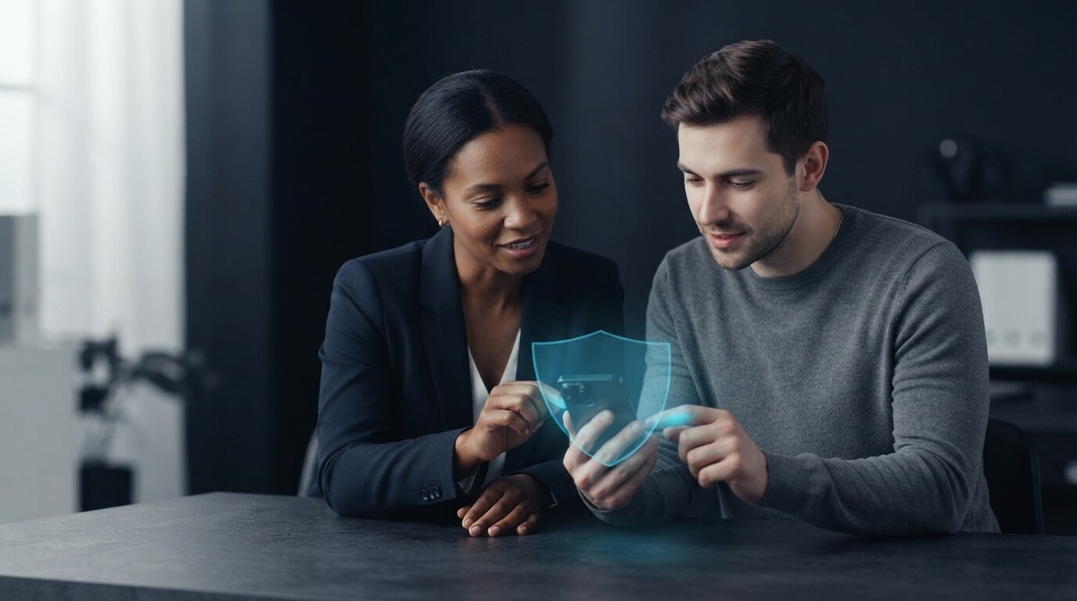 Two colleagues looking at a phone protected by a translucent cyan shield