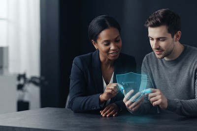 Two colleagues looking at a phone protected by a translucent cyan shield