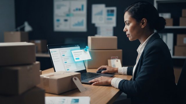 A store owner reviewing an order on a laptop, with a glowing cyan pinned card flagged for review and shipping boxes stacked around the desk