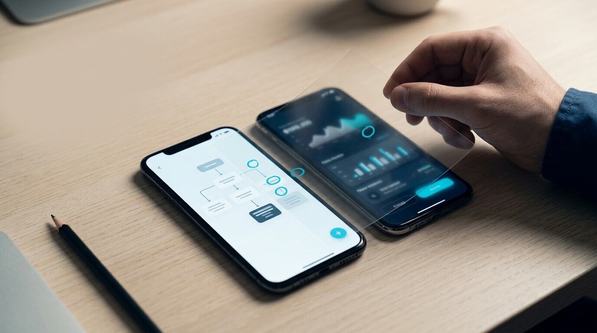 Two phones with different app screens side by side, a hand laying a transparent sheet over them marking friction points in cyan