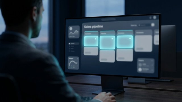 Person at a monitor showing a sales pipeline where three cards glow cyan, highlighting the AI features that matter