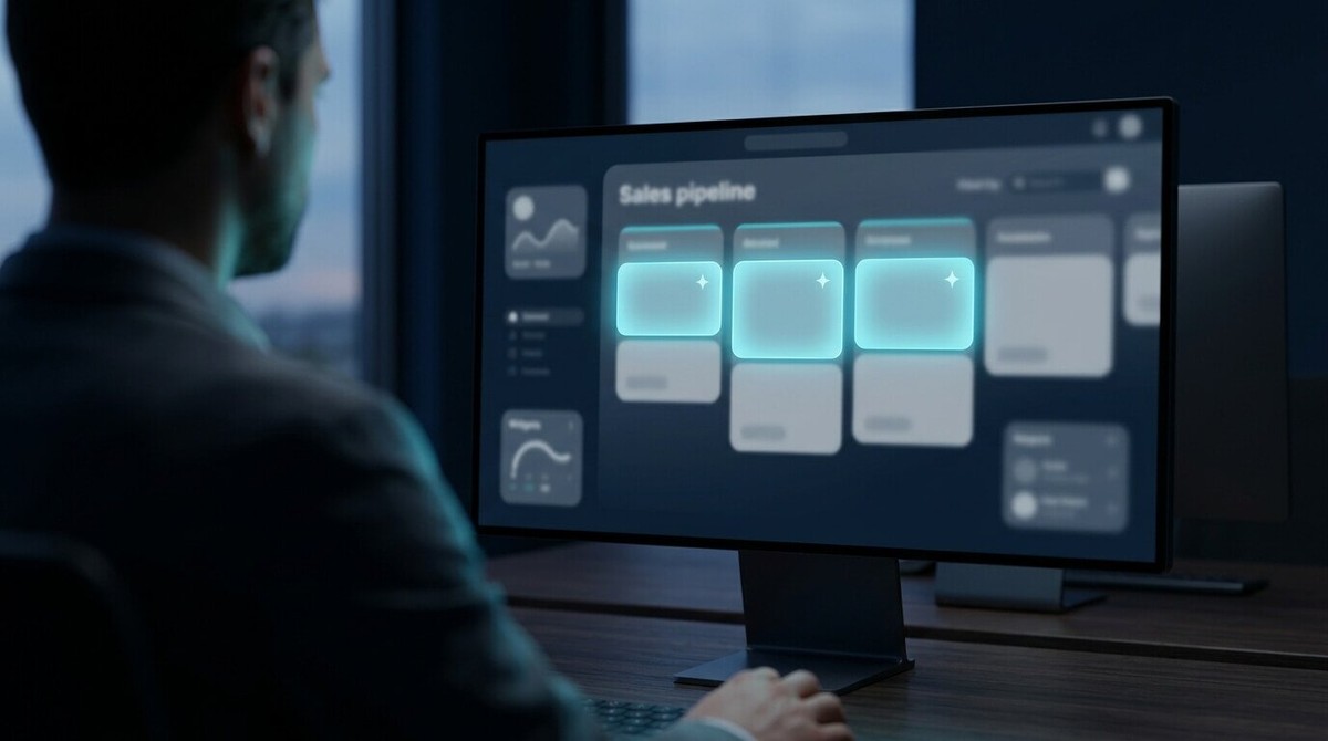Person at a monitor showing a sales pipeline where three cards glow cyan, highlighting the AI features that matter