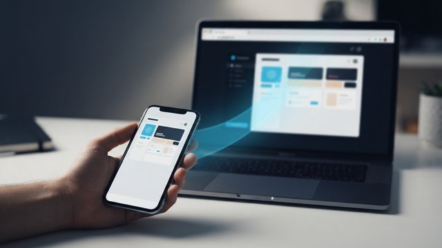 A hand holding a phone whose interface flows in a cyan curve onto the same interface on a laptop screen
