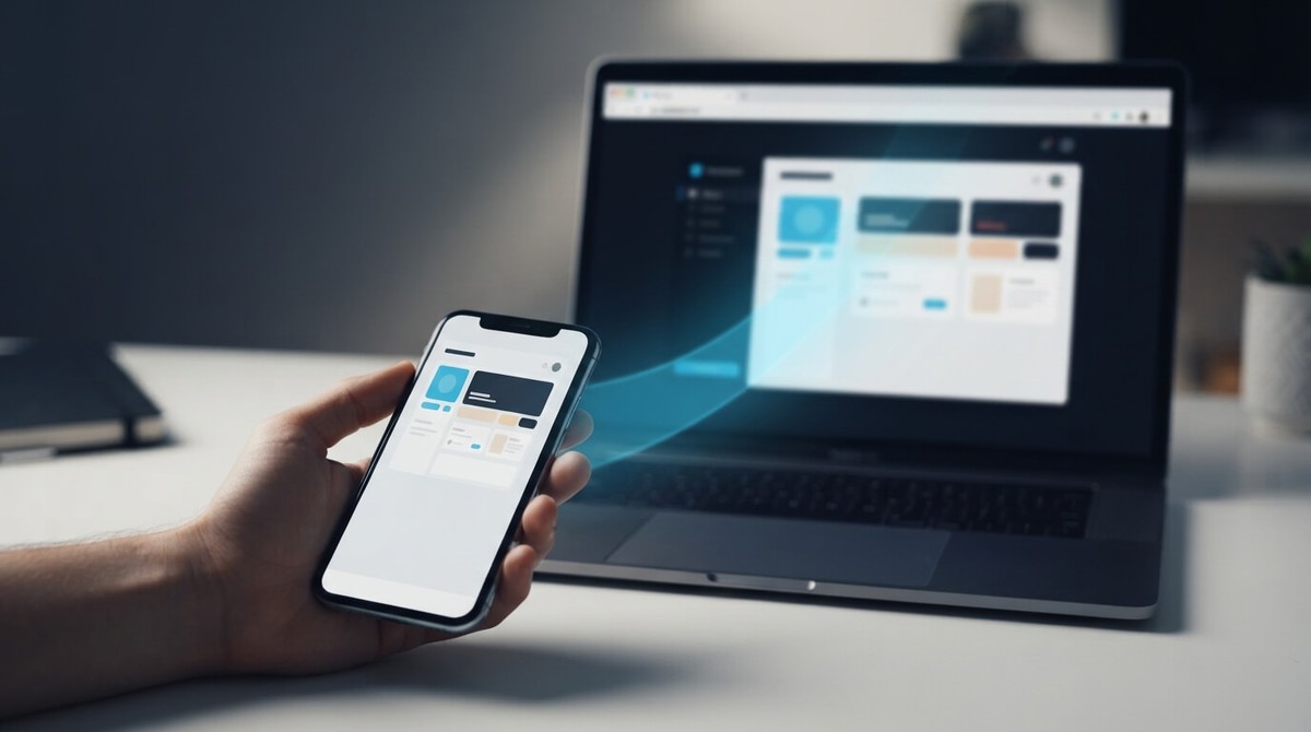 A hand holding a phone whose interface flows in a cyan curve onto the same interface on a laptop screen