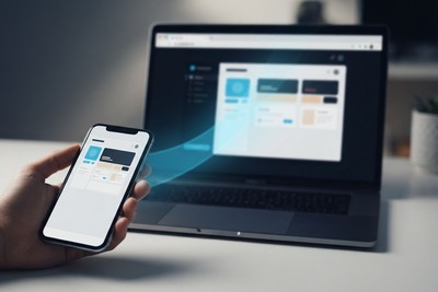 A hand holding a phone whose interface flows in a cyan curve onto the same interface on a laptop screen
