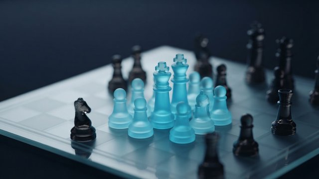 Frosted cyan chess pieces clustered at the center of a glass board, surrounded by dark pieces
