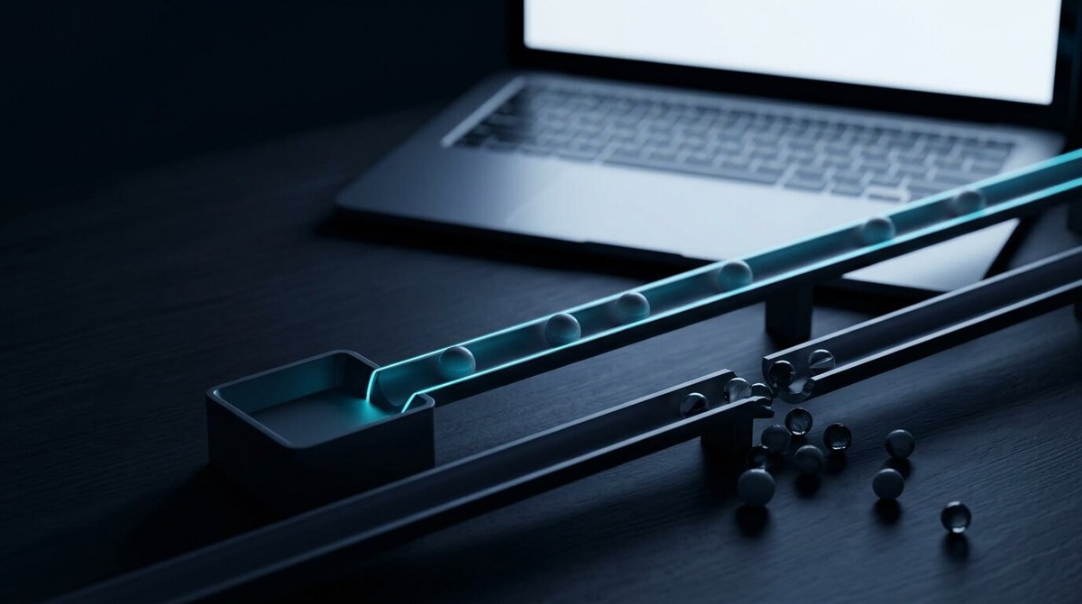 Marble run where marbles roll smoothly along a cyan-lit track while others spill off a broken section onto the desk