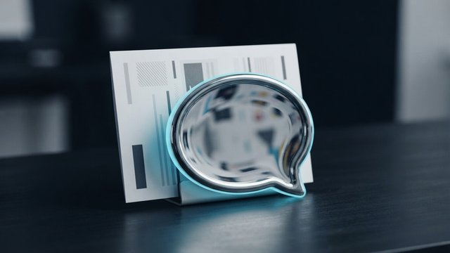 A chrome speech bubble edged in cyan light standing in front of a printed reference sheet and reflecting only a distorted blur of it