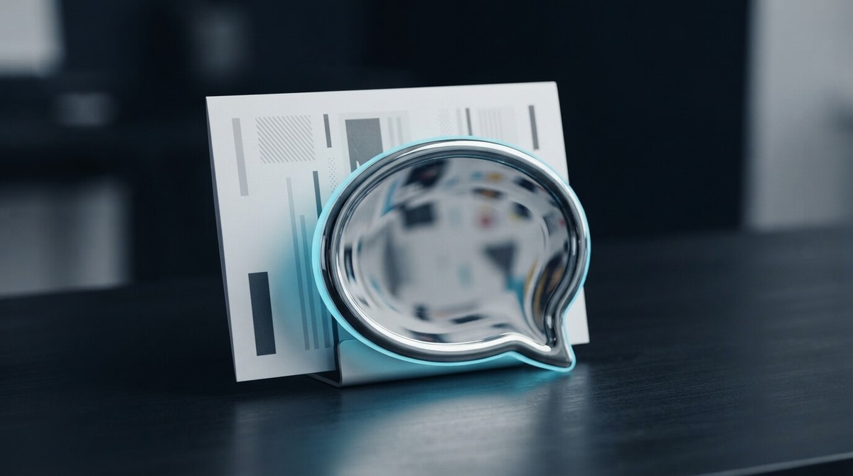 Une bulle de dialogue chromée au contour lumineux cyan devant une fiche de référence imprimée, n'en reflétant qu'un flou déformé