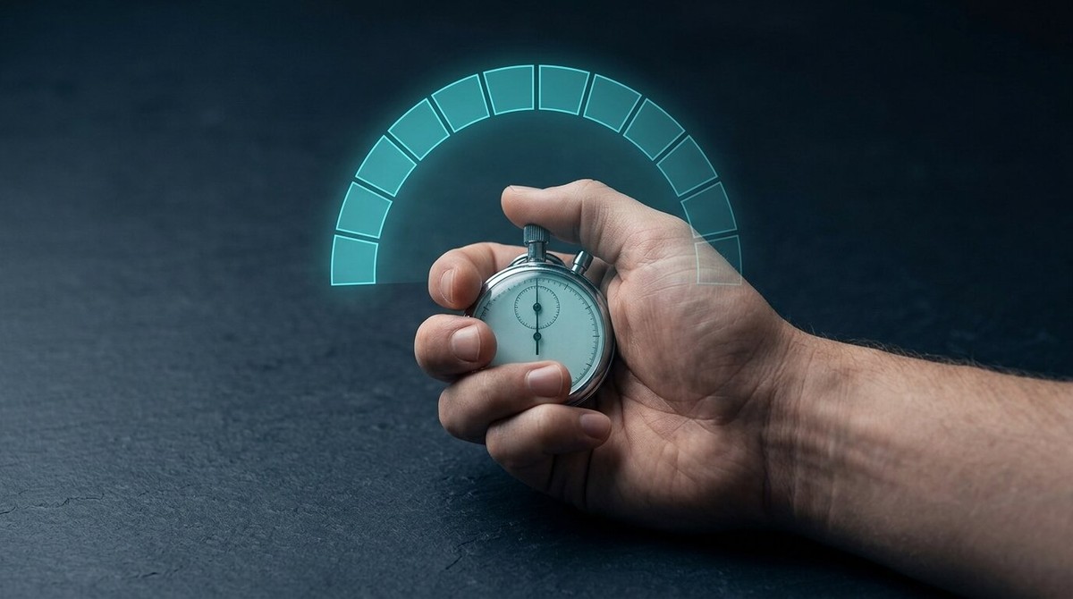 Hand holding a stopwatch under a glowing cyan arc of twelve segments, one for each week from MVP to V1
