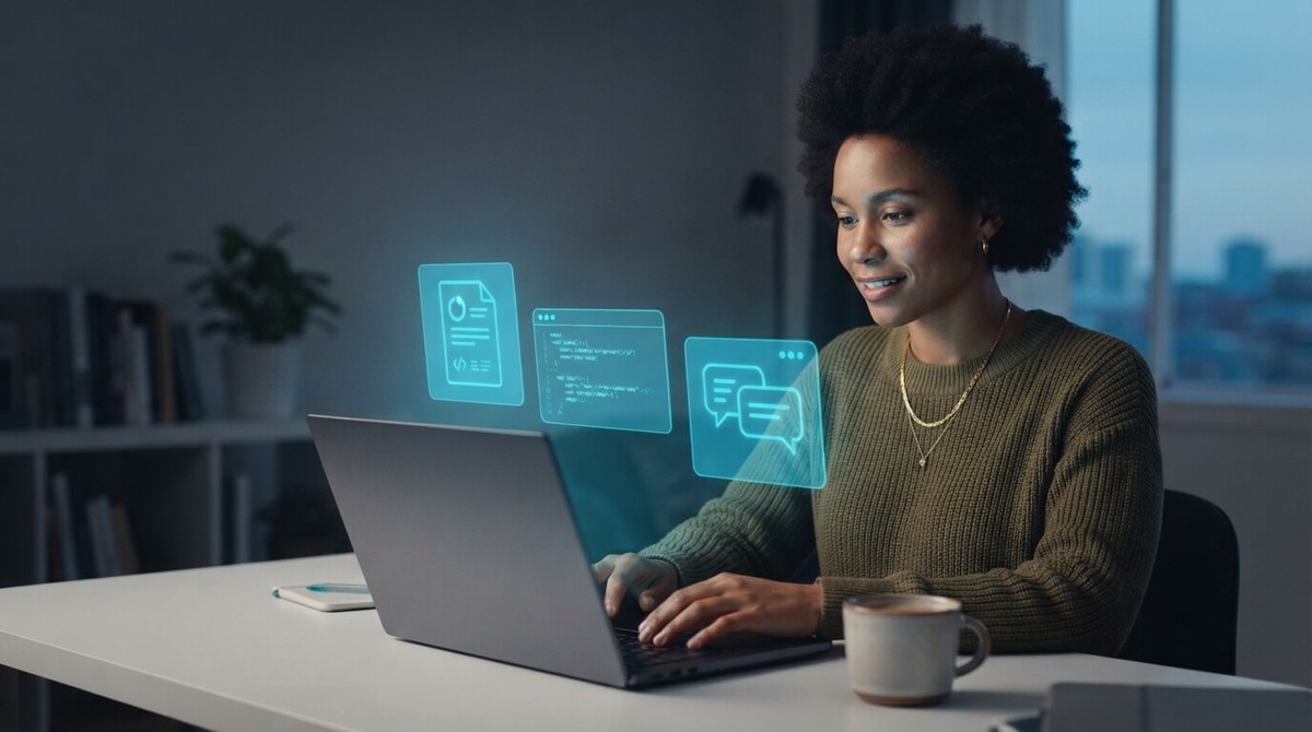 A smiling person working on a laptop while floating cyan panels showing a document, code and a chat conversation hover above the keyboard